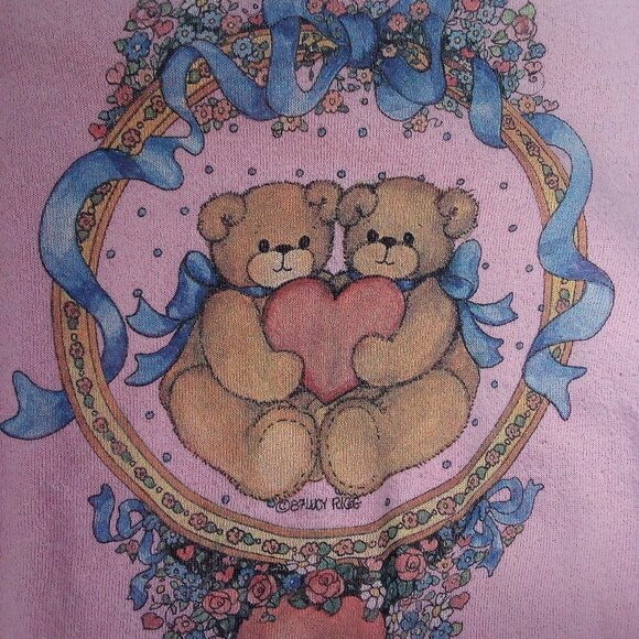 Vintage Teddy Bears Hearts Flowers Wreath Collared Sweatshirt - Picture 1 of 7